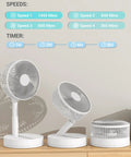 8 Inch Oscillating Desk Fan With Rechargeable Battery USB Powered Quiet Portable Cooling for Office and Home, showing timer and speeds.