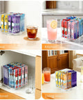 No Sweat Spin Lazy Susan Drink Packet Organizer Square Four Compartment Pantry Turntable for assorted drink mixes in office and kitchen.