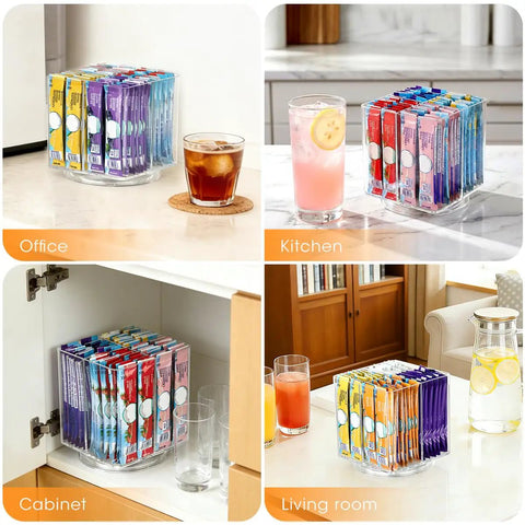No Sweat Spin Lazy Susan Drink Packet Organizer Square Four Compartment Pantry Turntable for assorted drink mixes in office and kitchen.