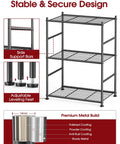 Three Tier Metal Storage Shelf Organizer For Small Spaces With Adjustable Feet Space Saving Heavy Duty Shelving Unit For Kitchen Garage And Laundry Room Each Shelf Supports Up To 100 Lbs Black, featuring side support bars and adjustable leveling feet.