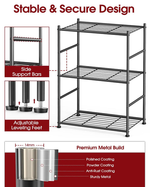 Three Tier Metal Storage Shelf Organizer For Small Spaces With Adjustable Feet Space Saving Heavy Duty Shelving Unit For Kitchen Garage And Laundry Room Each Shelf Supports Up To 100 Lbs Black, featuring side support bars and adjustable leveling feet.