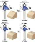 Four Pack 45 Degree Chamfer Router Bit Set With One Quarter Inch Shank Carbide Edges For Beveling And Wood Profiling Great For Edging And DIY Woodworking Includes Bevel Lengths One Quarter Five Sixteenths Three Eighths And One Half Inch displayed with wood samples.