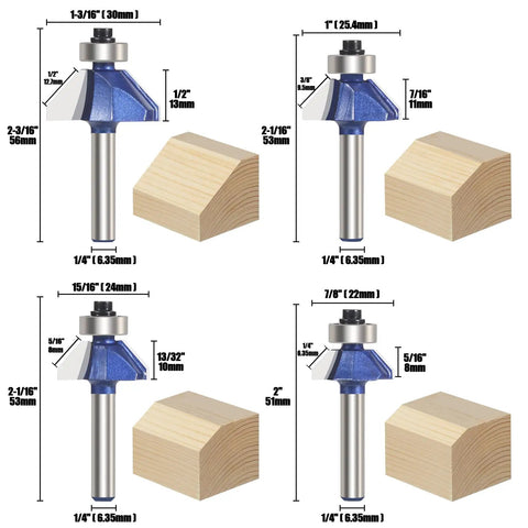 Four Pack 45 Degree Chamfer Router Bit Set With One Quarter Inch Shank Carbide Edges For Beveling And Wood Profiling Great For Edging And DIY Woodworking Includes Bevel Lengths One Quarter Five Sixteenths Three Eighths And One Half Inch displayed with wood samples.