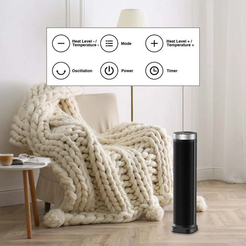 Indoor Space Heater With Remote, 24-Inch Oscillating Tower, 1500W Quiet PTC Ceramic Heater in a cozy living room setup