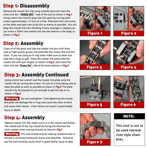 Instruction manual showing steps to use Master Link Press Tool For 520 525 530 Motorcycle Chains Beefy Steel Alignment Tool