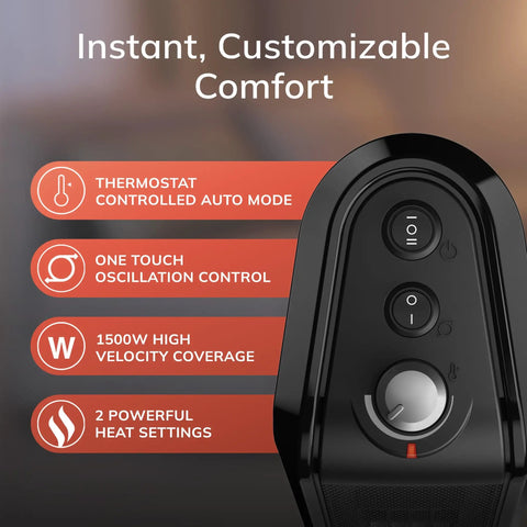 Close-up of Oscillating Ceramic Tower Space Heater controls with thermostat and heat settings