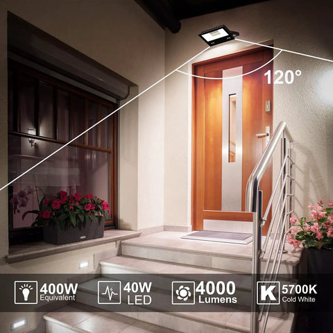 RGB LED Outdoor Flood Light 400W Equivalent With Color Change And Daylight 5700K Landscape Lighting Kit With Remote, Timer, IP66 Waterproof For Yard, Patio, Garage, 4 Pack