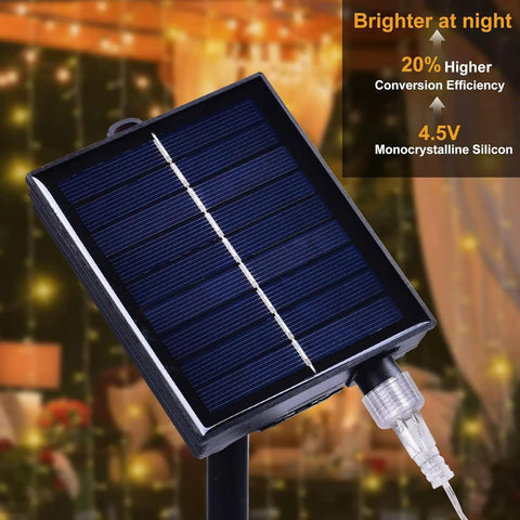 Close-up of solar panel for Solar Curtain Lights 300 LED Fairy String Lights With USB and Solar Dual Power for Indoor Outdoor Use No Fuss