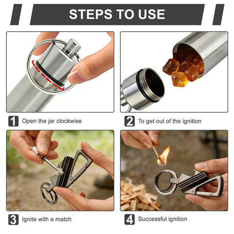 Steps to use Two Pack Permanent Match Lighter Set With Tinder Storage Canister, Reusable Fire Starter, Multitool Keychain And Bottle Opener