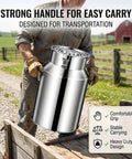 Person carrying Heavy Duty 1.3 To 7.4 Gallon Stainless Steel Milk Jug With Secure Silicone Gasket Lid Food Grade Water Storage Pail.