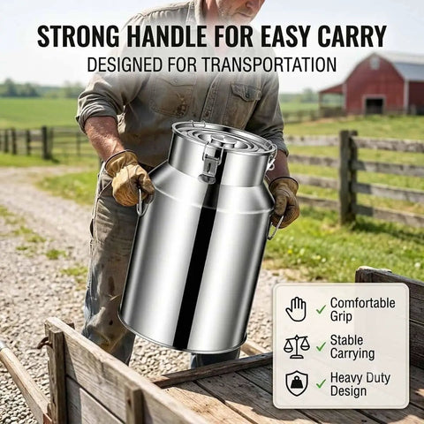 Person carrying Heavy Duty 1.3 To 7.4 Gallon Stainless Steel Milk Jug With Secure Silicone Gasket Lid Food Grade Water Storage Pail.