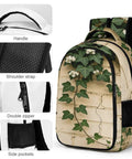 Trailing Ivy On Brick Wall Print Backpack for everyday carry showing handle, shoulder strap, double zipper, and side pockets.