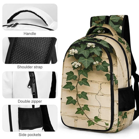 Trailing Ivy On Brick Wall Print Backpack for everyday carry showing handle, shoulder strap, double zipper, and side pockets.