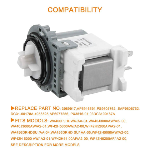 Samsung Washer Drain Pump Beefed-Up Upgrade DC31-00178A DC31-00187A PX3516-01 120V 60Hz 80W with wire guard design