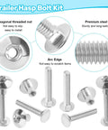 Heavy Duty Trailer Hasp Bolt Kit 8 Piece Set with 5/16 Carriage Bolts and Torx Barrel Nuts shown in a detailed layout.