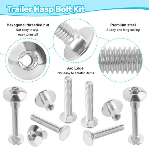 Heavy Duty Trailer Hasp Bolt Kit 8 Piece Set with 5/16 Carriage Bolts and Torx Barrel Nuts shown in a detailed layout.
