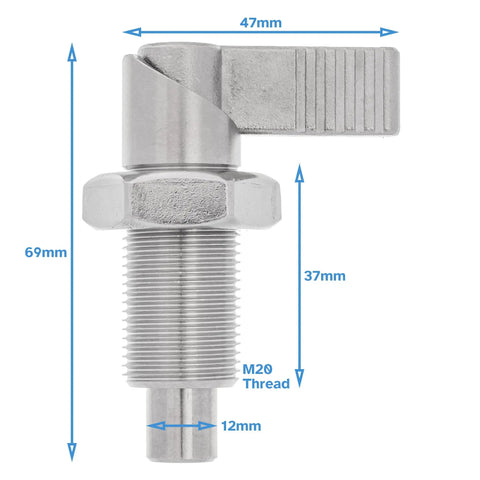 Tough As Nails Stainless Steel Indexing Plunger With Solid Locking Bolt And M20 X 1.5 Threaded Knob, 69mm long, 12mm pin, shown with dimensions.
