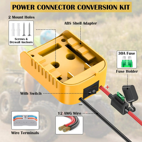 Power Wheel Adapter Pack For 20V And 18V Battery Systems with ABS shell, switch, 30A fuse, 12AWG wire, and wire terminals.