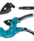 Heavy Duty PVC Pipe Cutter With Ratchet For PEX PVC And PPR Hoses Up To One And Five Eighths Inch Capacity Includes Deburring Tool Replacement Blade And Two Adjustable Cutting Ranges For Fast Clean Cuts