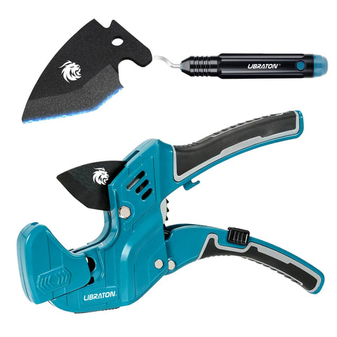 Heavy Duty PVC Pipe Cutter With Ratchet For PEX PVC And PPR Hoses Up To One And Five Eighths Inch Capacity Includes Deburring Tool Replacement Blade And Two Adjustable Cutting Ranges For Fast Clean Cuts