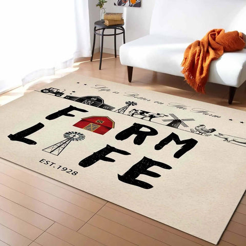 Farmhouse Living Room Rug 2.7 x 5 Feet Non Slip Machine Washable Floor Mat with farm theme, windmill, tractor, chickens, and barn design