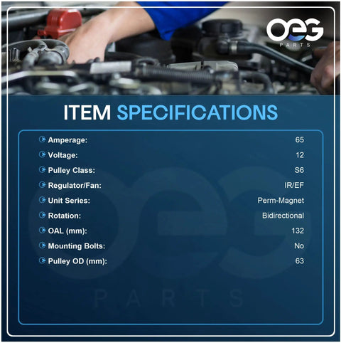 65 Amp SAE J1171 Marine Alternator Upgrade specifications with amperage, voltage, and rotation details