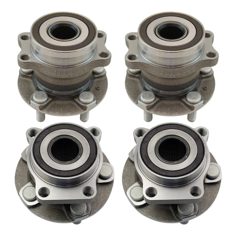 Four Piece Front And Rear Wheel Bearing And Hub Assembly Set For Subaru Crosstrek XV Forester Impreza 2014 2015 2016 2017 2018 2019 2020 2021 2022 2023 16 23 Complete Kit With Front And Rear Hubs displayed in four sections