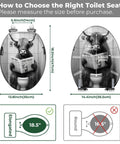 Elongated Resin Toilet Seat, Bathroom featuring measurement guide and cow graphic, demonstrating compatible sizes.
