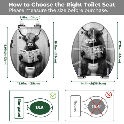 Elongated Resin Toilet Seat, Bathroom featuring measurement guide and cow graphic, demonstrating compatible sizes.
