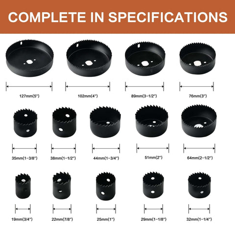 Axelord 19-piece hole saw kit with blades from 19mm to 127mm, includes mandrels and drill bits