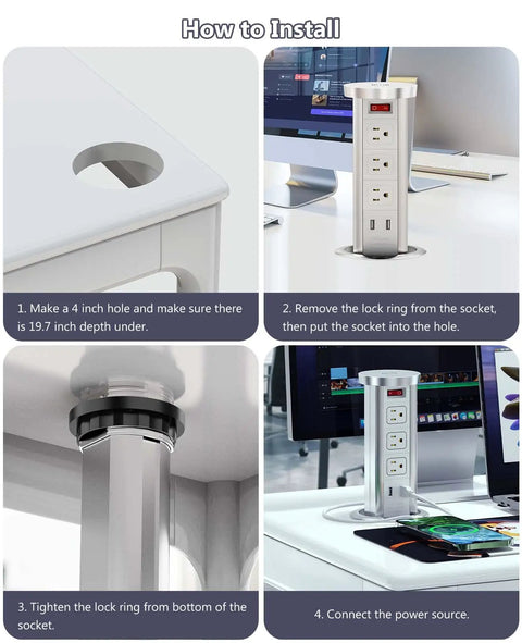Installation steps for Pop Up Power Outlet With Wireless Charger Automatic Lift 3 Outlets And 2 USB Ports 10W Fast Wireless Pad
