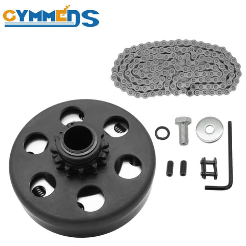 Go Kart Clutch Three Quarter Inch Bore Twelve Tooth No 35 Chain Centrifugal Clutch For Predator 212 Engine Honda GC GX shown with chain and parts