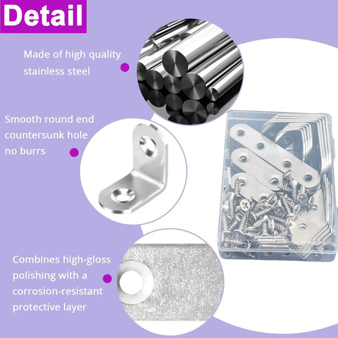 24 Pcs Corner And Flat Bracket Set Stainless Steel L Brackets For Wood Repair With Screws Rust Resistant Mending Plates Detail View