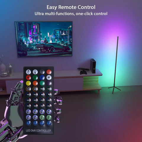 Smart RGB LED Floor Lamp With App And Remote Control, 49 Inch Corner Light in living room with gaming setup and remote