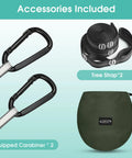 Black carabiners, roll of tree straps, and green storage bag for Two Person Pop Up Camping Hammock With Mosquito Net Lightweight Parachute Style Hanging Bed.