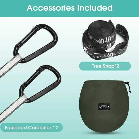 Black carabiners, roll of tree straps, and green storage bag for Two Person Pop Up Camping Hammock With Mosquito Net Lightweight Parachute Style Hanging Bed.