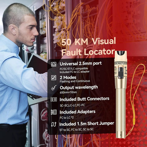 RAINLEOTI Visual Fault Locator Kit, 50 km range, gold handheld fiber tester with universal 2.5 mm port