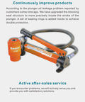 Close-up of orange Heavy Duty 15 Ton Hydraulic Punch Driver Kit, showing hand-operated plunger and coiled hose.