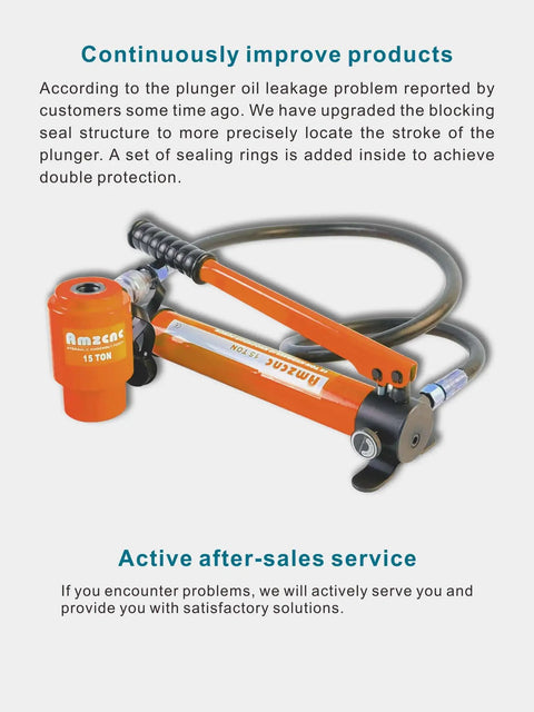 Close-up of orange Heavy Duty 15 Ton Hydraulic Punch Driver Kit, showing hand-operated plunger and coiled hose.