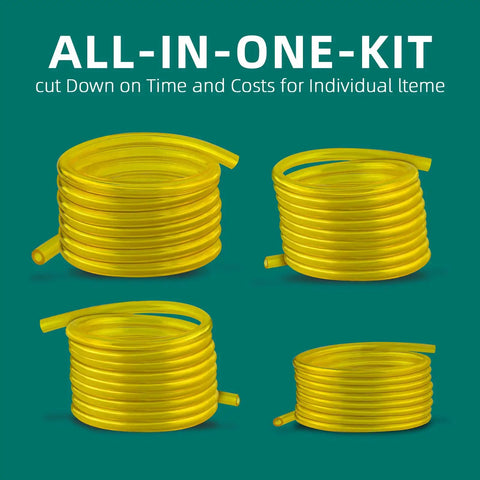 Coiled yellow hoses of four sizes for Four Size Small Engine Fuel Line Hose Kit For Lawn Mower Chainsaw Trimmer Blower And Other Gas Tools