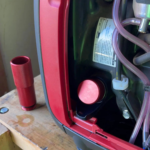 Extended Run Fuel Cap, No Mess Oil Change Funnel And Magnetic Dipstick In Red Aluminum For EU1000i EU2000i EU3000i Handi Generators Four Pack, Durable CNC Billet Aluminum Build next to generator