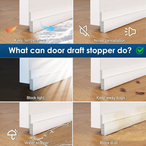 Demonstration of All In One Door Seal Kit With Weather Strips For Doors And Windows White Includes 39 Ft Self Adhesive Weather Strips And 43 Inch Under Door Sweep To Block Wind Dust Draft Insects And Stop Door Cracks No Sweat Peel And Stick