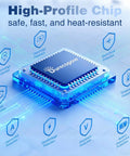 High-profile chip with labels for overcharge, short circuit, and temperature protection, designed for Outdoor Solar Power Bank 20,000mAh Portable Charger With USB C And 3 USB Ports 4 Included Cables Fast Charging Solar Panel Charger Dual LED Flashlight Water Resistant Camping Gear Battery Pack With Carabiner And Compass On The Go.