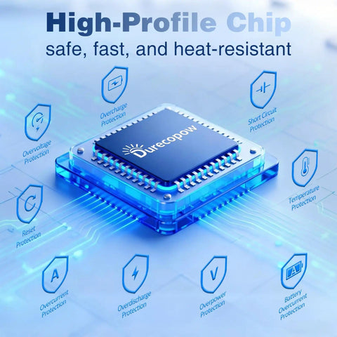 High-profile chip with labels for overcharge, short circuit, and temperature protection, designed for Outdoor Solar Power Bank 20,000mAh Portable Charger With USB C And 3 USB Ports 4 Included Cables Fast Charging Solar Panel Charger Dual LED Flashlight Water Resistant Camping Gear Battery Pack With Carabiner And Compass On The Go.