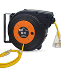 50 Ft Retractable Extension Cord Reel With Beefy Heavy Duty Cable And Multi Outlet Lighted Receptacle Rugged Outdoor Waterproof Design 13 Amp Premium Grade Reel With Mounting Kit On Any Worksite displaying coiled cable and lighted hub.
