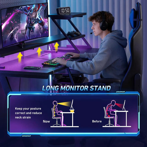 Gamer using 40 Inch Gaming Desk With LED Lights And Built In Power Outlets, L Shaped Corner Desk With Storage, Carbon Fiber Black