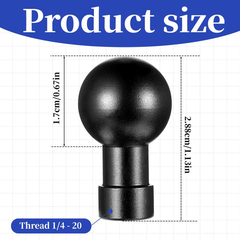 Durable Aluminum 17mm Ball Head Mount with 1/4-20 screw, showing product dimensions on grid background