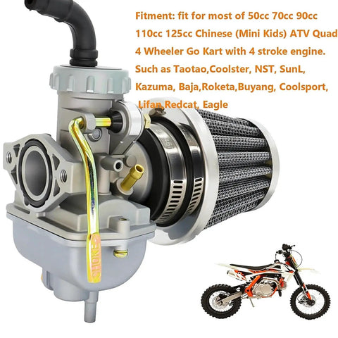 Carburetor Kit for 50cc to 125cc 4 Stroke ATVs Quad Go Karts Dirt Bikes With Air Filter and Fuel Filter Beef Up Performance Direct Fit Replacement for Most 4 Stroke Engines Under 125cc, front view.