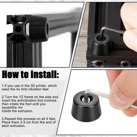Anti Vibration Rubber Feet Set for 2020 Aluminum Extrusion Profile 16 Damper Pads with M4 T Nuts and Screws Fits 3D Printers Adds Stable Shock Absorption and Floor Protection for Smooth Quiet Printing installed on a 2020 aluminum frame