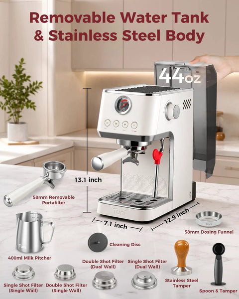 Top Shelf Dual Boiler Espresso Machine With 58 MM Commercial Brew Head And Powerful Steam Wand For Killer Crema And Easy Home Barista Shots In Classic Ivory with removable water tank and stainless steel body.